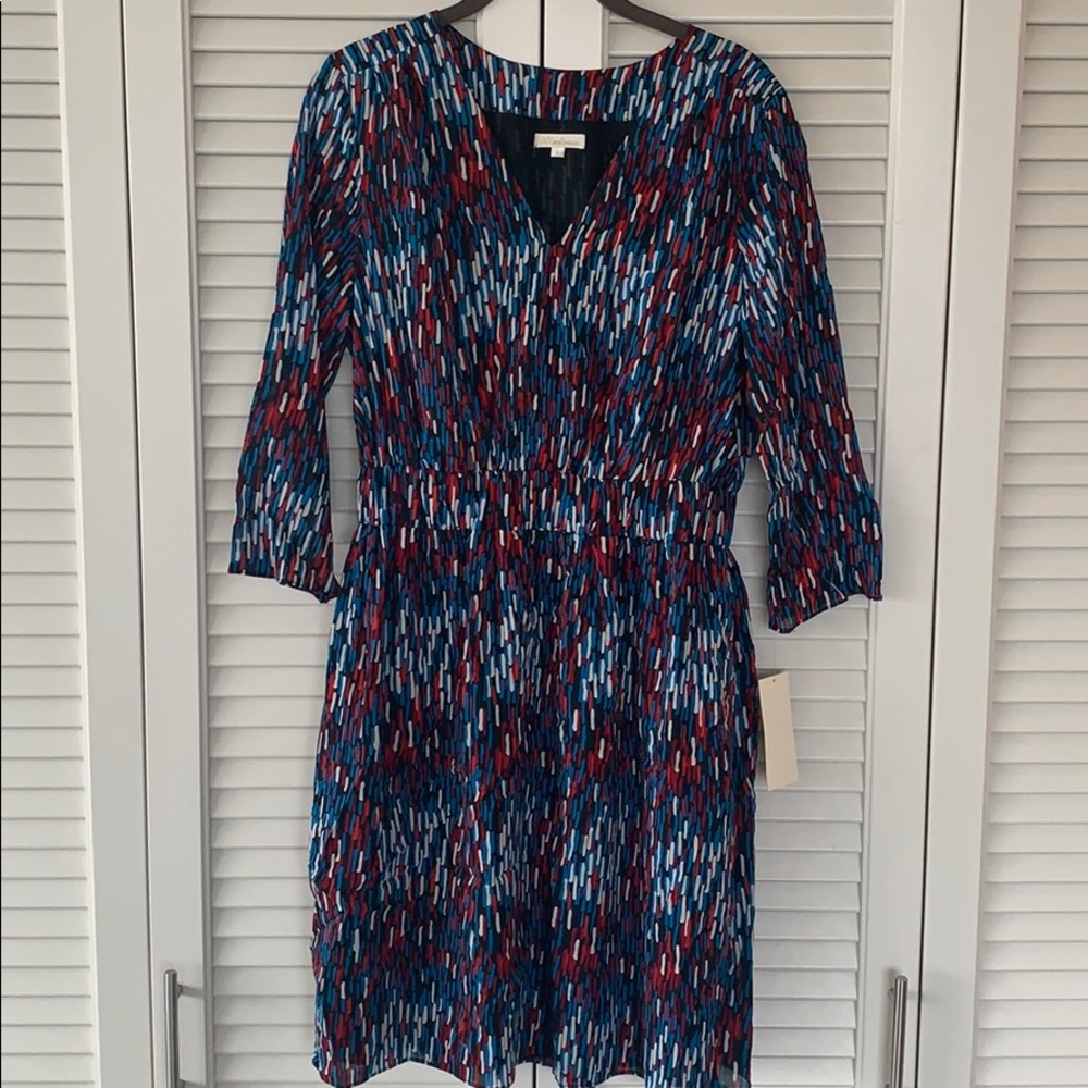 Shoshanna Navy Blue Multi-Patterned V-Neck Long Sleeve Dress